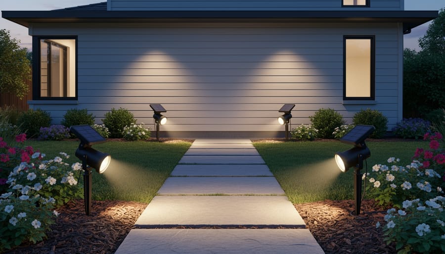 Four-piece solar spotlight kit installed with four fixtures lighting a wider outdoor area