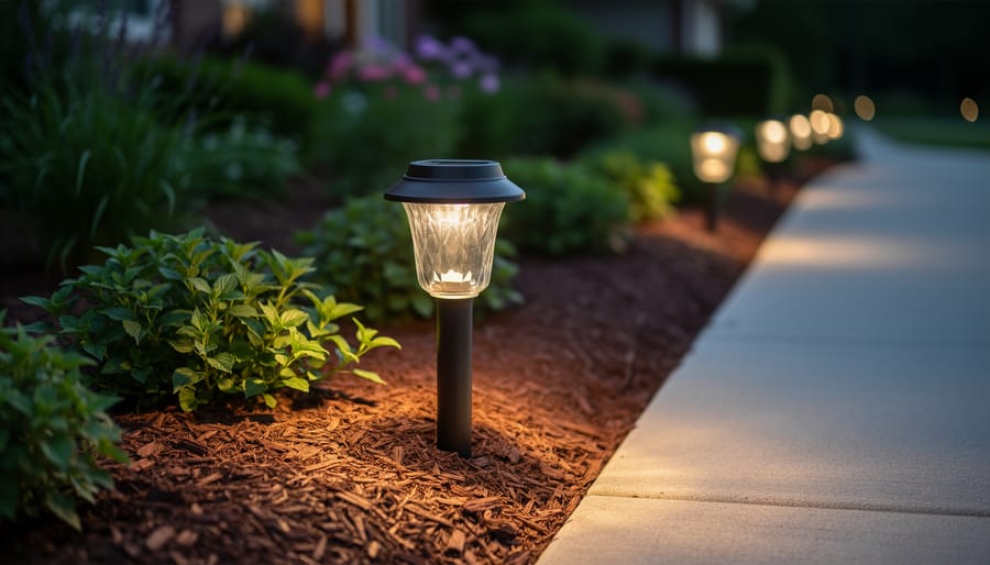 Hampton Bay Parkwood solar path light with glass lens lighting a garden border