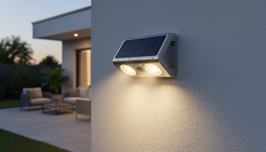 Helios dual brightness solar spotlight mounted on a patio wall with surrounding landscaping