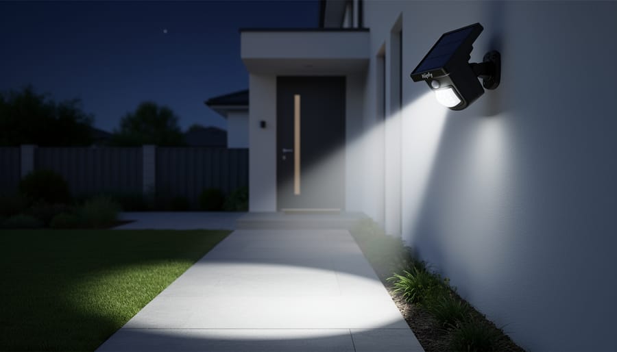 Nipify solar motion sensor spotlight illuminating a driveway entrance