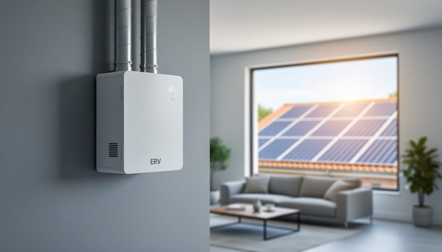 Indoor view of a residential ERV ventilation unit near duct connections, with a rooftop solar panel array visible through a nearby window in soft daylight.