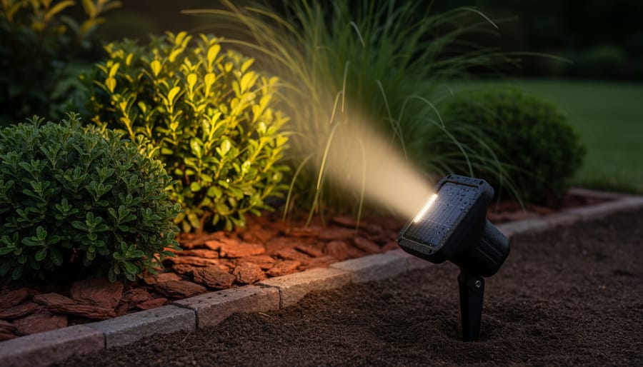 SmartYard solar landscape spot light illuminating garden plant accents at dusk