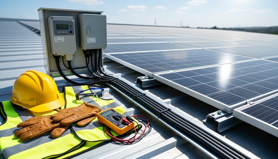 Safety glasses and insulated gloves placed on a rooftop beside residential solar equipment