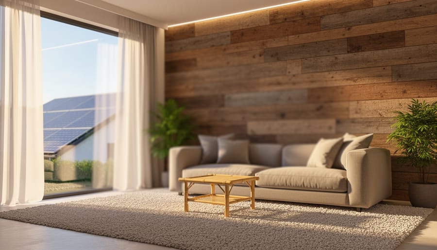 Sunlit eco-friendly living room with reclaimed wood, bamboo furniture, natural ventilation through open curtains, and concealed energy-efficient lighting reflecting a solar-powered home theme.