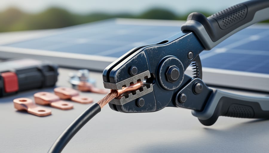 Close-up of a ratcheting 8-gauge wire crimper pressing a copper lug onto an 8-gauge cable, with solar and battery wiring components blurred in the background.