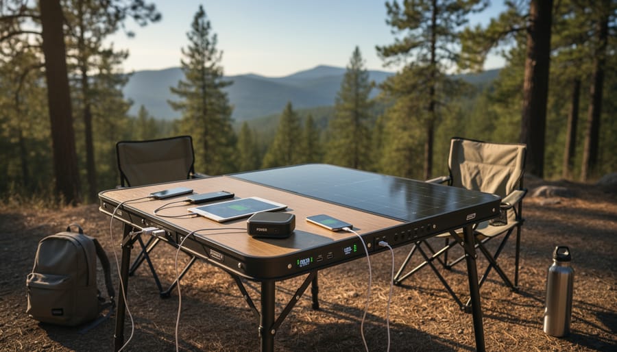 Camping solar-powered outdoor table with an integrated recessed solar panel and charging ports visible on the tabletop.