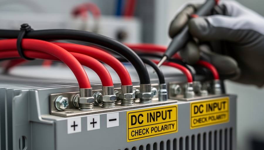 Close-up of insulated DC battery cables with ring terminals connected to a battery bank.