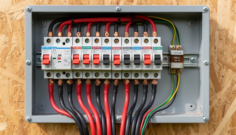 Close-up of a DC fuse holder and fuse links installed in a DIY solar battery compartment near wiring terminals.