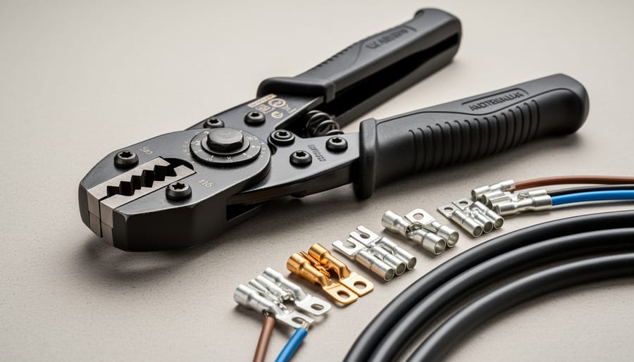 Heavy-duty 8 AWG wire crimper tool with matched crimp connectors on a workbench.