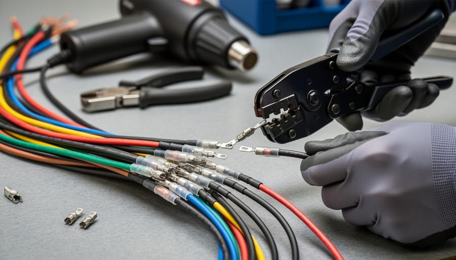 Crimping and applying heat shrink to a wire connection for an RV wiring harness