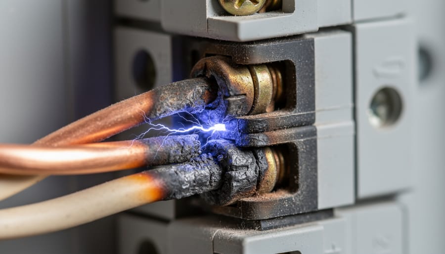 Close-up of MC4 solar connectors and combiner terminals with visible heat discoloration