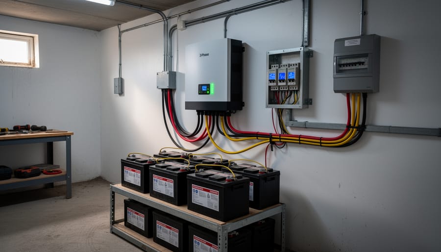 Off-grid utility room showing a 3-phase inverter enclosure illuminated by soft LED lighting without readable text.