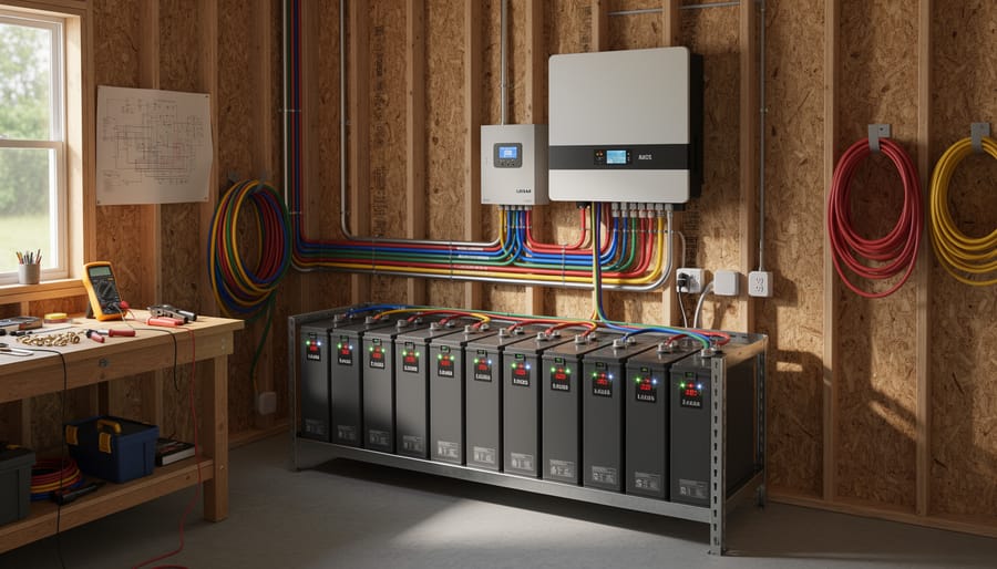 Worker inspecting wiring on a 3-phase battery inverter cabinet in an off-grid solar workshop.