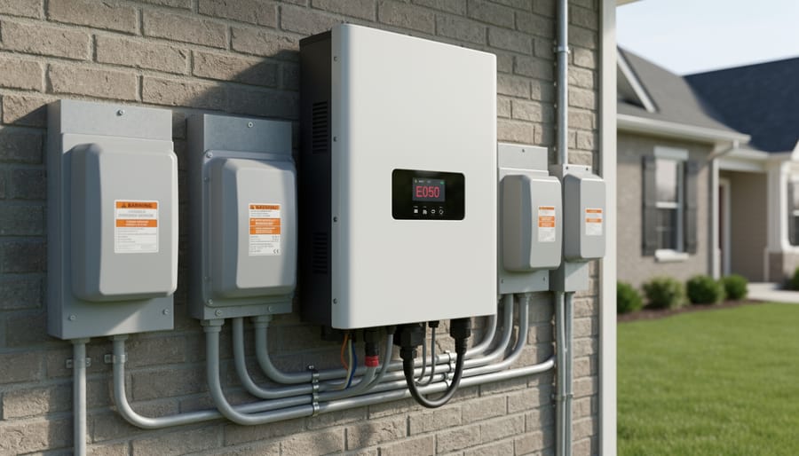 Residential solar inverter and AC/DC disconnects installed outdoors near the roof