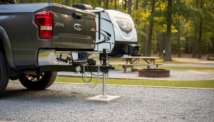 Tow vehicle and RV with the 7-way plug connection secured at the hitch area