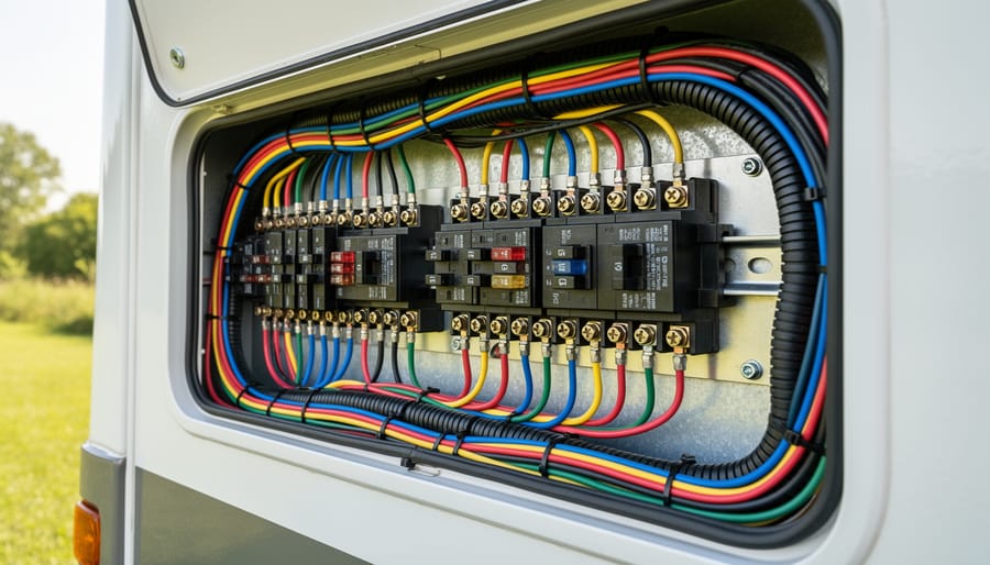 RV battery and wiring compartment showing neatly routed 12V cables and connectors