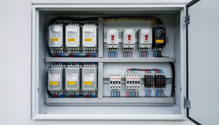 Open van or RV solar compartment showing mounted DC disconnect or fuses near a charge controller with neatly routed wiring.