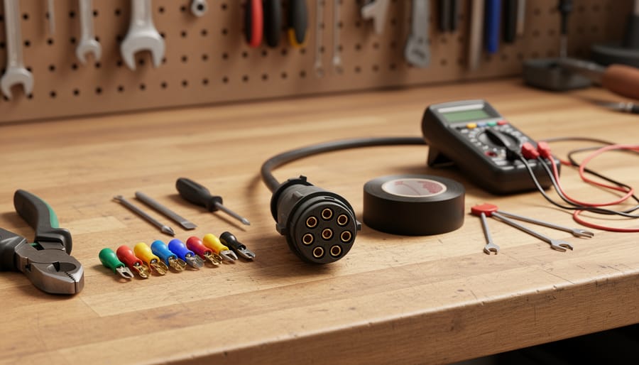 7-way RV plug and basic wiring tools on a clean workbench