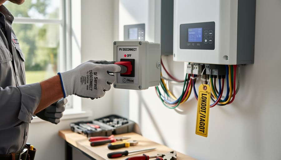 Technician wearing insulated gloves and safety glasses disconnecting a solar battery cable outdoors.