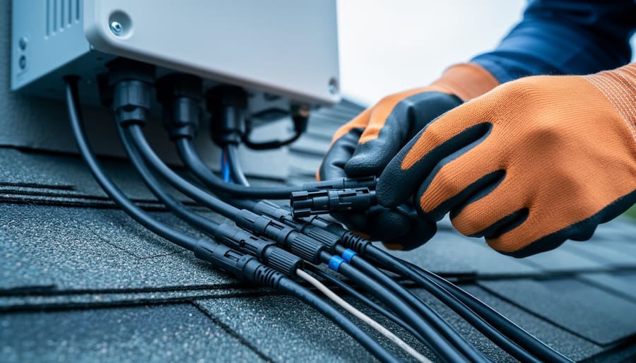 Technician wearing insulated gloves checking solar PV MC4 DC connectors near a solar inverter to troubleshoot an E050 arc fault error.