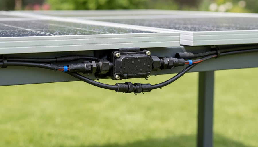 Close-up of hands working with waterproof solar electrical components such as a charge controller and cable glands.