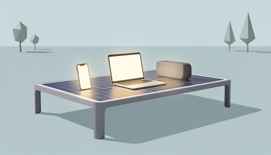 USB-powered devices illuminated on a solar-powered outdoor table at dusk, showing off-grid electricity use.