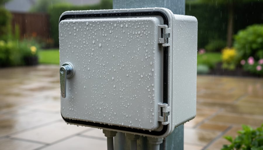 Rain beading on the recessed solar panel and sealed edges of a solar-powered outdoor table during wet weather.