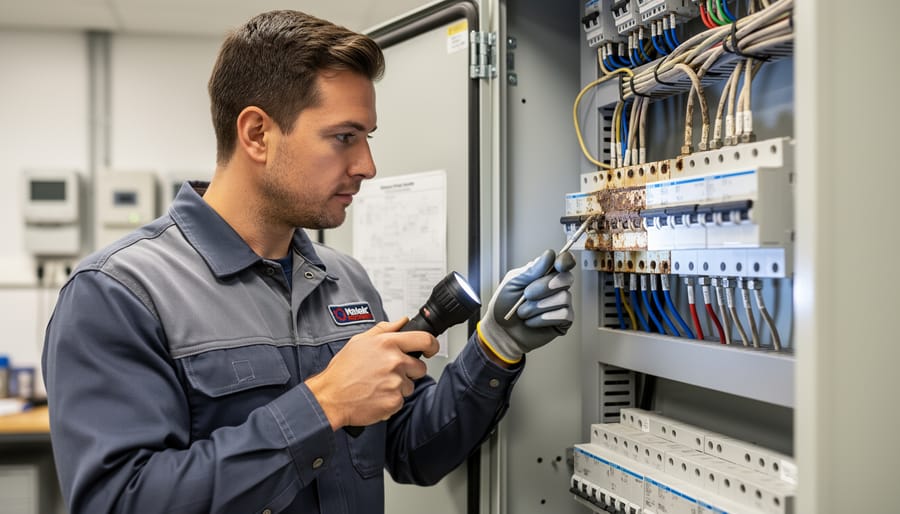 Technician wearing gloves inspecting solar DC wiring near a rooftop junction box
