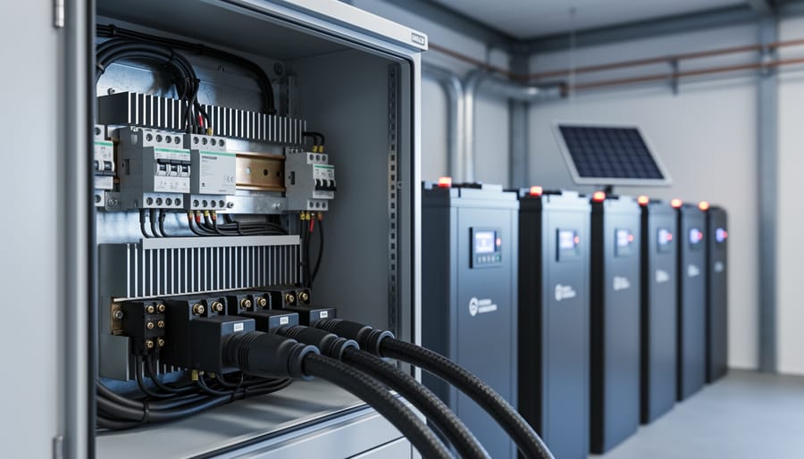 Close-up of a 3-phase off-grid solar inverter electrical cabinet with armored AC cables and nearby battery racks.