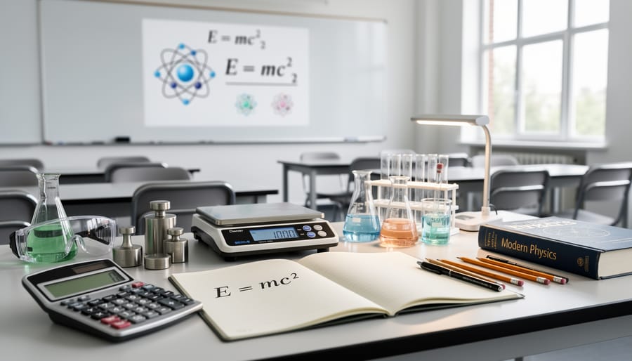 Scientific calculator and glass beaker on a wooden desk with fine gray powder nearby.