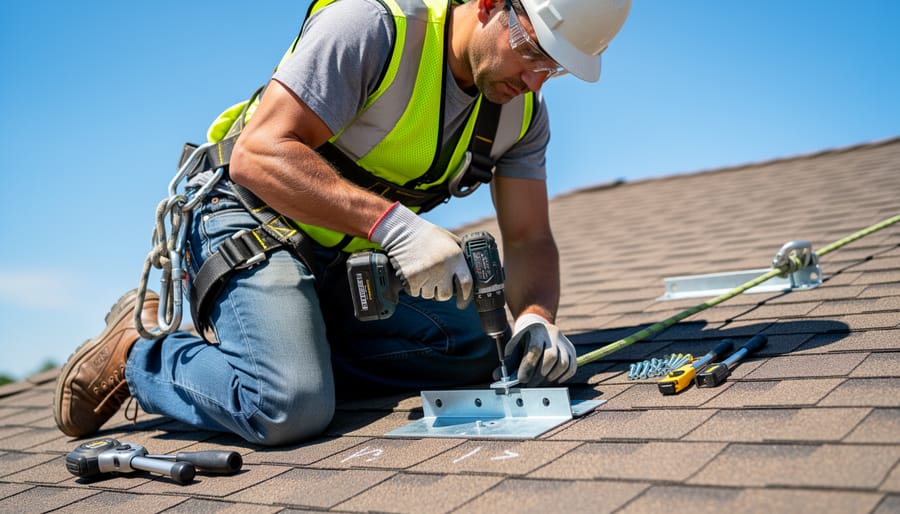 Person in a fall-protection harness tightening solar mounting hardware on a roof rail