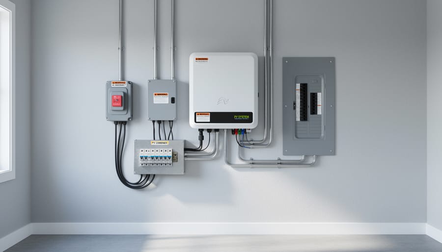Residential inverter equipment and conduit fittings installed near a home wall