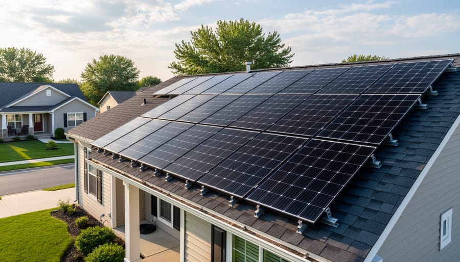 Residential rooftop with modern solar panels installed on a house