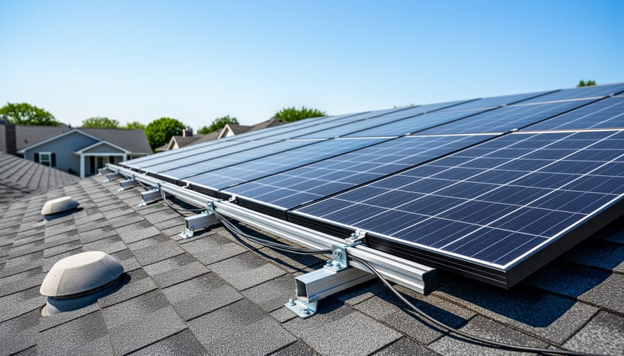 Residential rooftop showing installed solar panels and mounting rails against an overcast sky
