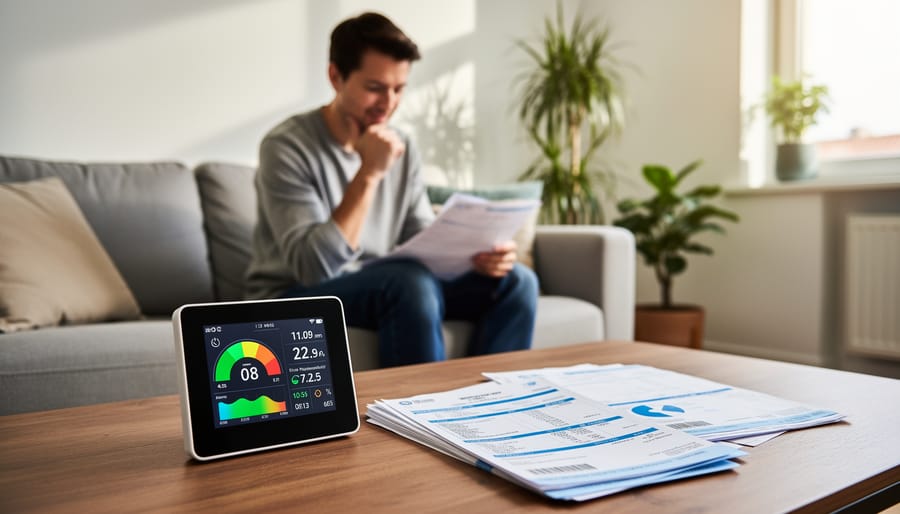 Homeowner reviewing an electricity bill while referencing a small energy monitor device