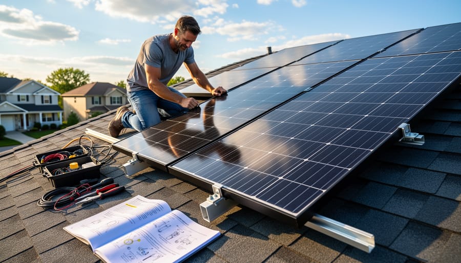 Solar panels on a roof catching golden-hour sunlight with sun flare and a hint of nearby equipment.