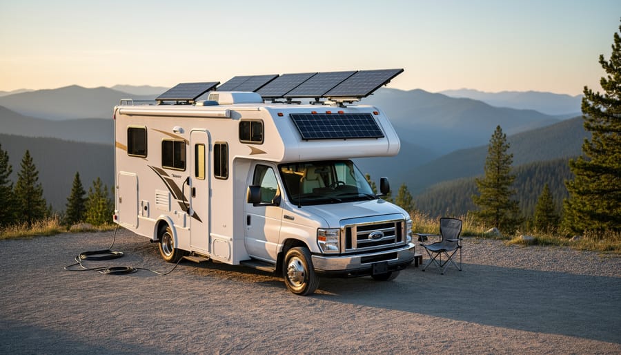 RV or camper van with solar panels mounted on its roof in daylight