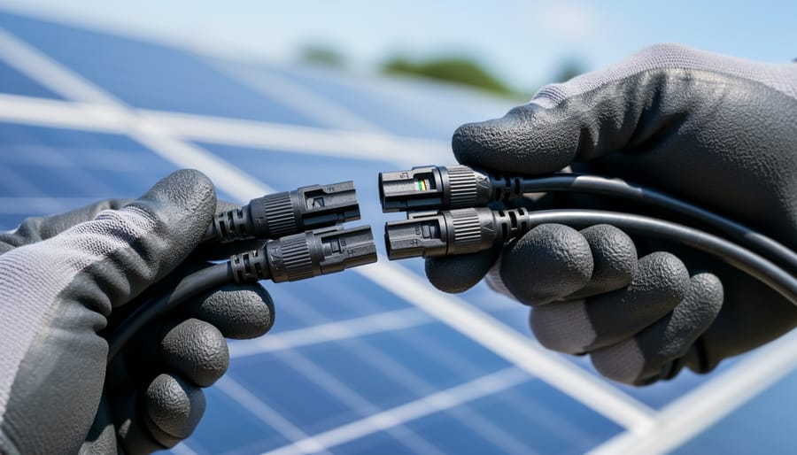Close-up of solar cable connectors being joined on a workbench