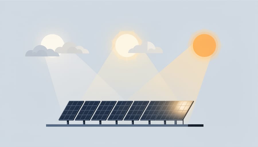 Solar panels on a rooftop catching golden hour sunlight against a bright sky