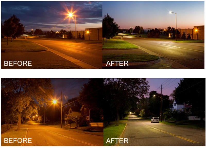 Differences between HID (left) and LED (right) street lighting. Courtesy Los Angeles Bureau of Street Lighting