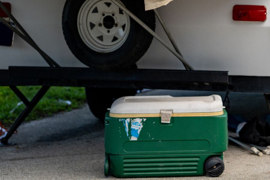 Solar fridge and RV at campground 