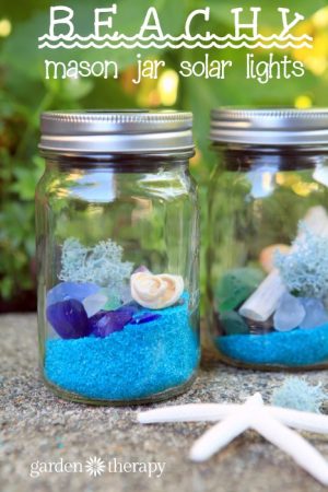 Beach Glass Solar Lights With Blue Sand and Shells