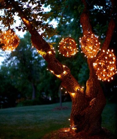 DIY Grapevine Lighting Balls on Tree