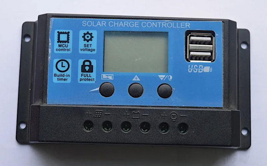 Input terminals on the solar charge controller.