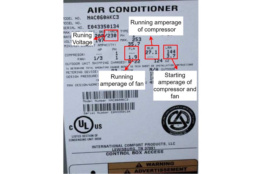 Manufacturer label on AC highlighting its running voltage and running and surge currents.