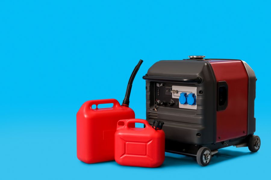 Portable gasoline generator with fuel canisters on blue bạckground