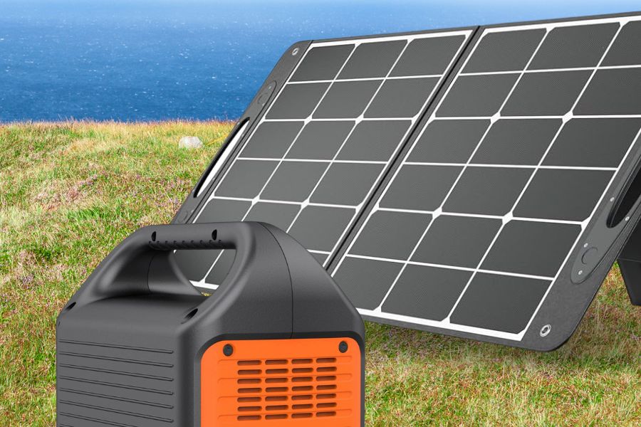 Solar generator on grass at the campground