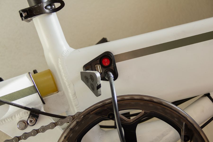 Close-up view of an electric bike charging