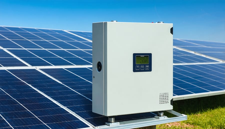 Professional solar charge controller mounted on wall with solar panels visible in background