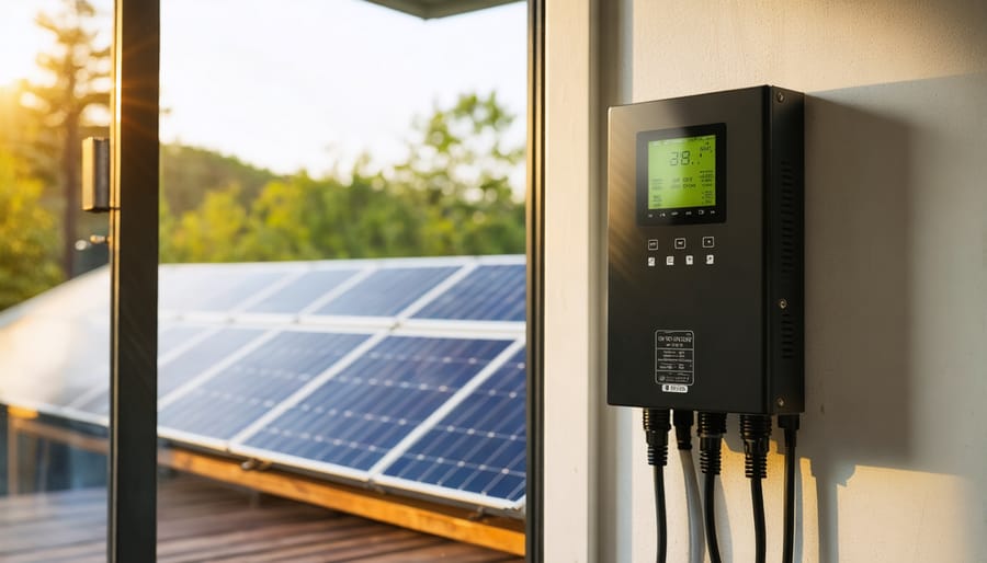 "Close-up of a 72V solar charge controller installed on a wall with solar panels visible through a window in the background."